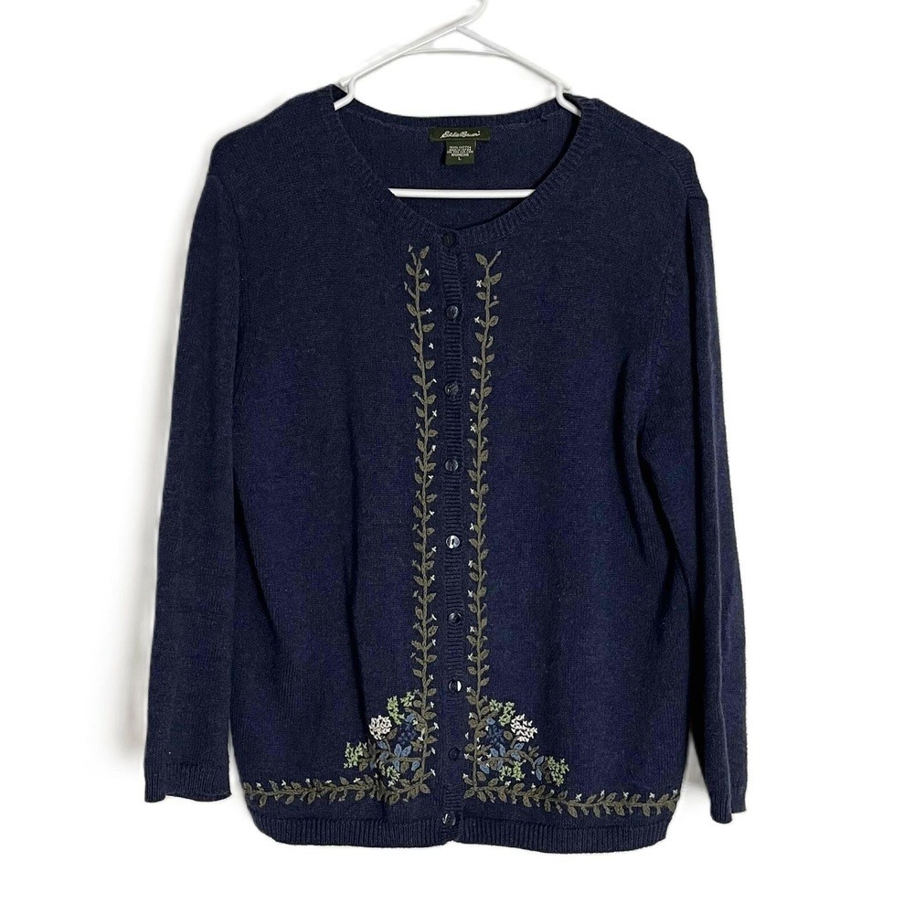 VTG Cottagecore Floral Embroidered Cotton Cardigan Eddie Bauer L Navy Blue Japan